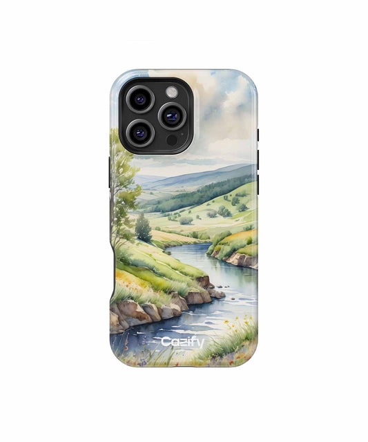 Serene River Landscape with Green Hills iPhone case Case Cazify - Delivery Canada