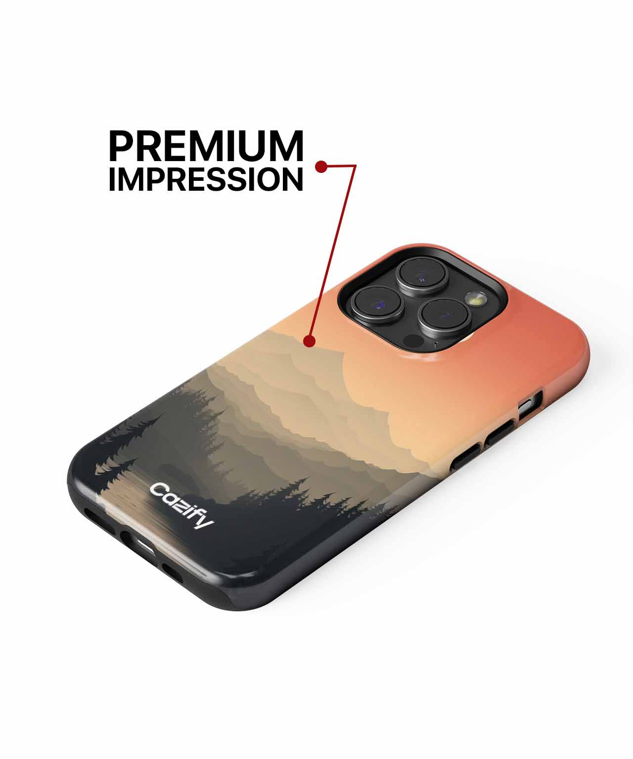 Cazify Canada - IPhone case with mountain landscape design in warm sunrise colors and triple camera cutout.