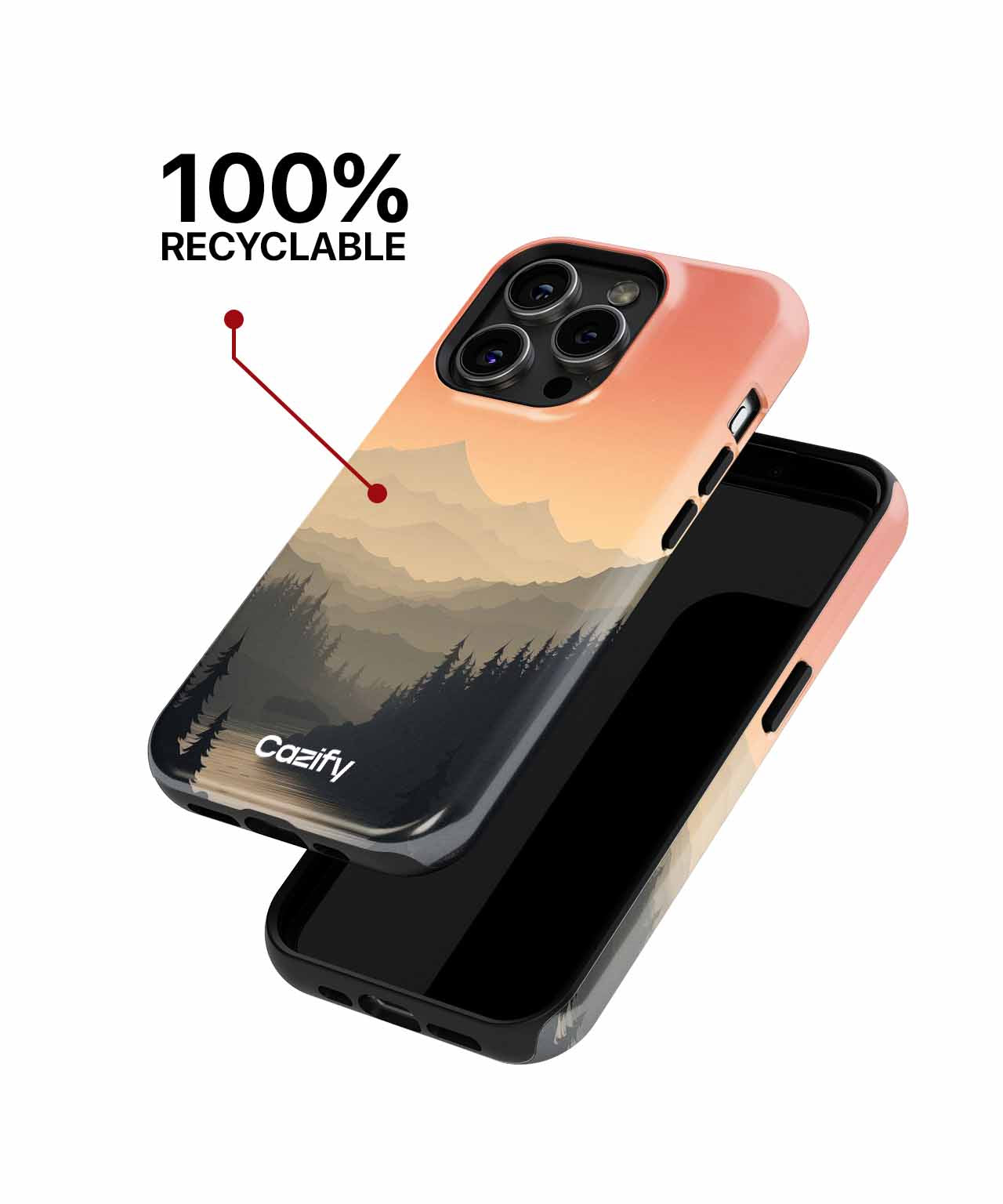 Cazify Canada - Phone case with layered mountain and forest design in warm sunset colors, fitted on black smartphone.