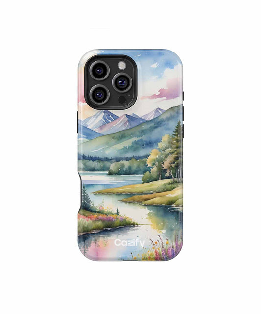 Cazify Canada - IPhone case with painted landscape of mountains, lake, trees, and sky in soft pastel colors.