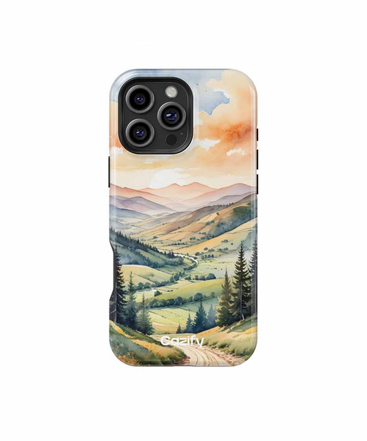 IPhone case with painted landscape featuring mountains, forest, and sunset sky. - Cazify Canada