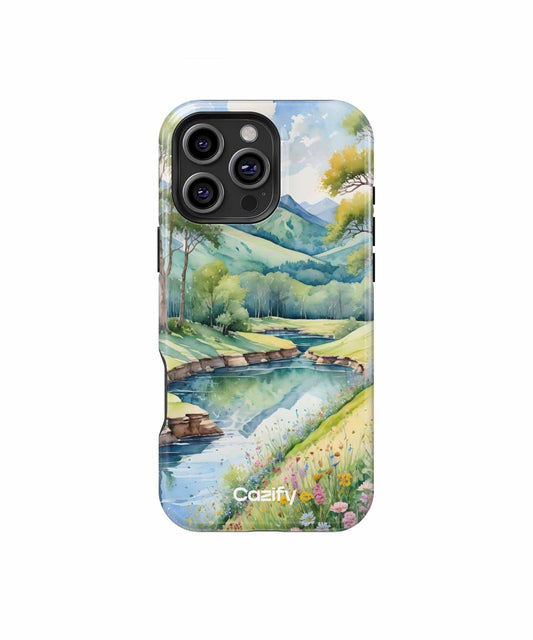Cazify Canada - Phone case with watercolor landscape of green hills, river, and trees with blue sky.
