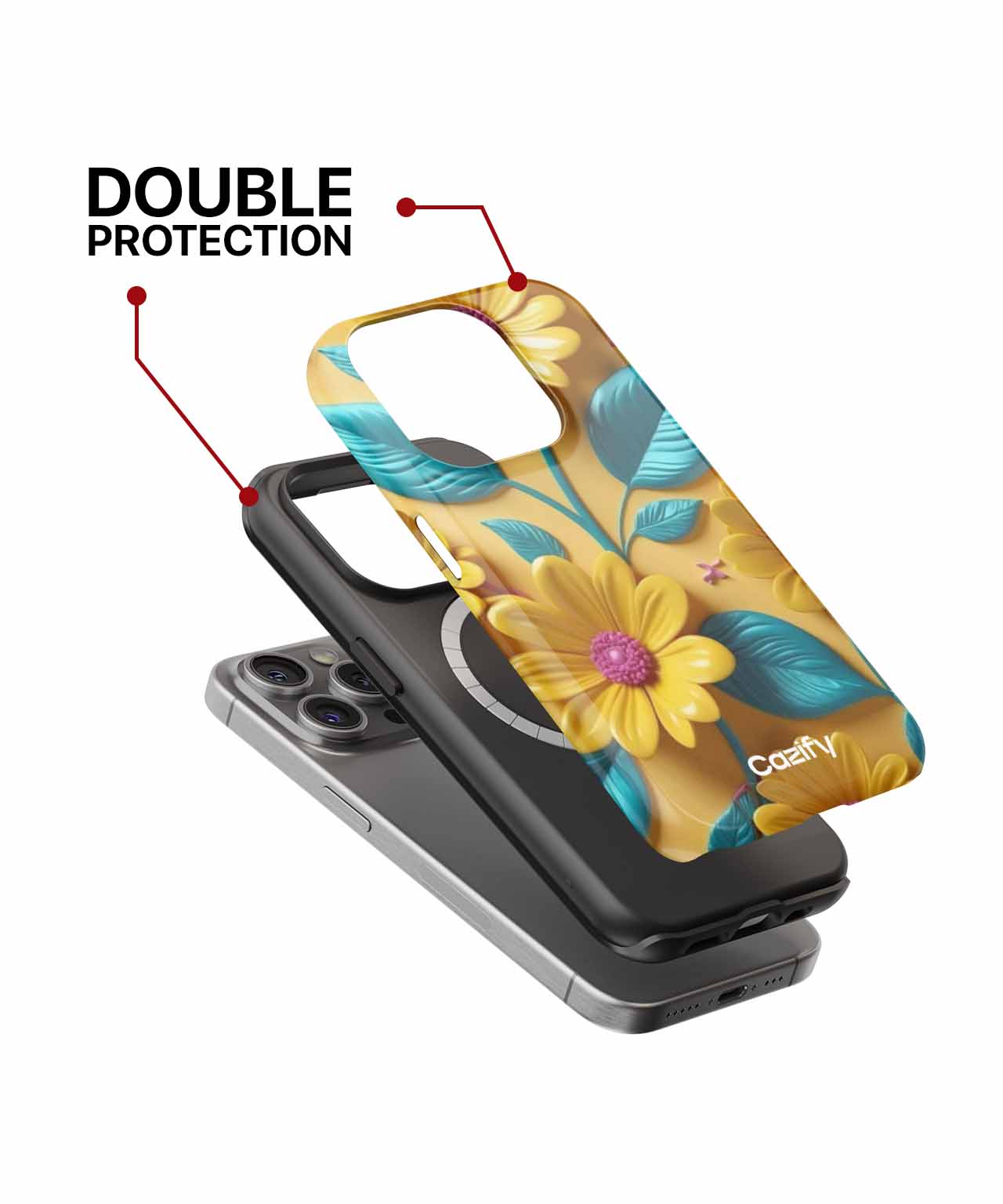 Floral print phone case with blue and yellow flowers, showcasing double protection layers over a smartphone. - Cazify Canada