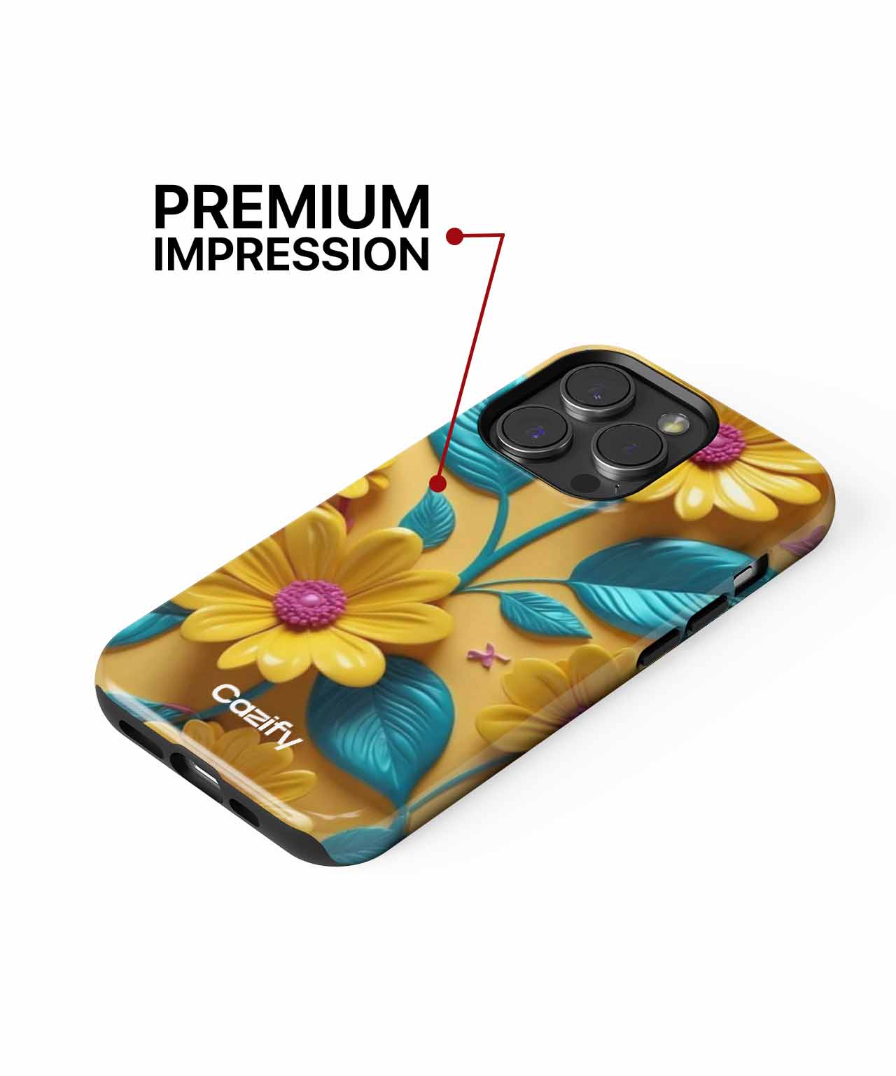 Gold iPhone case with embossed yellow daisies and teal leaves, triple camera cutout. - Cazify Canada