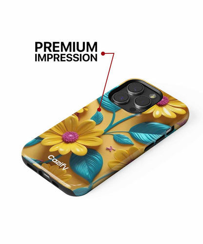 Gold iPhone case with embossed yellow daisies and teal leaves, triple camera cutout. - Cazify Canada