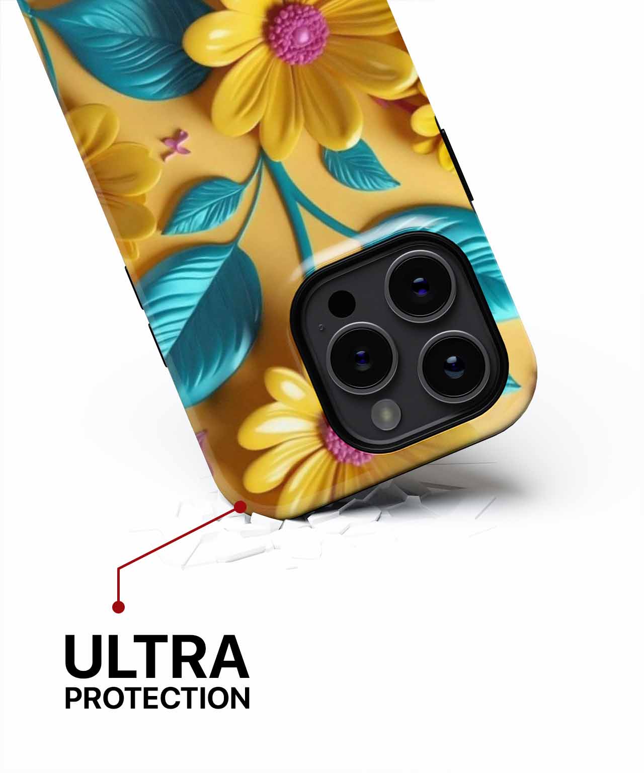 Floral yellow and teal flower pattern phone case with raised camera protection. - Cazify Canada