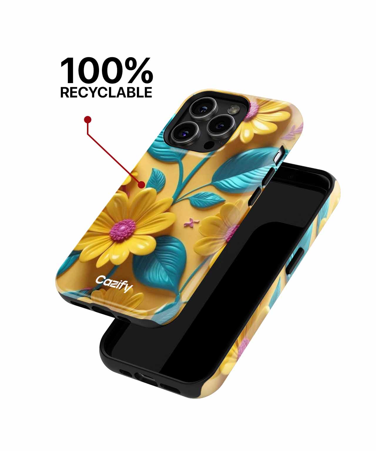 Phone case with yellow sunflower and blue leaves on black background, 100% recyclable text. - Cazify Canada