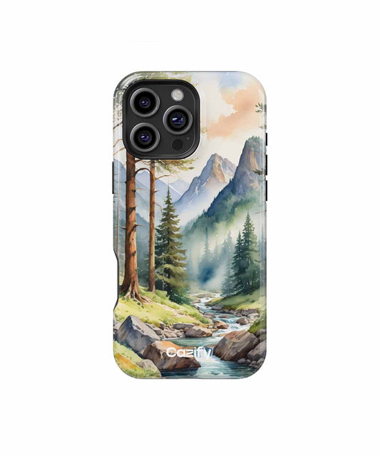 Cazify Canada - Phone case with a serene mountain landscape, pine trees, and a flowing river design.