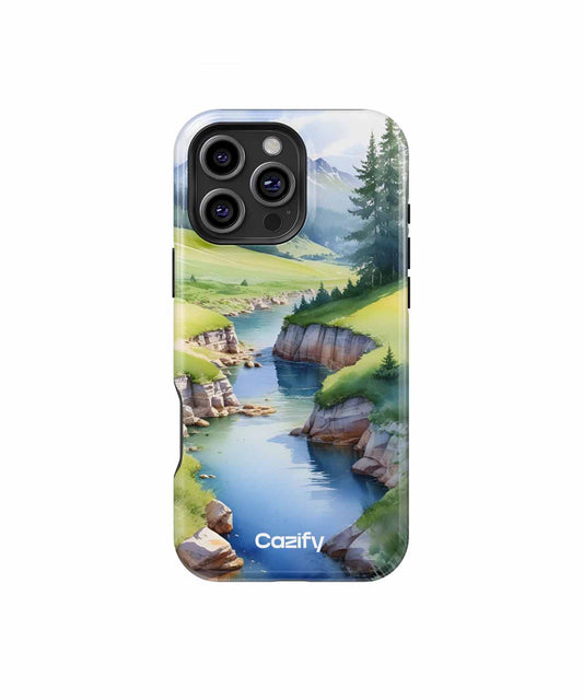 Cazify Canada - IPhone case with painted river, green hills, trees, and rocks design.