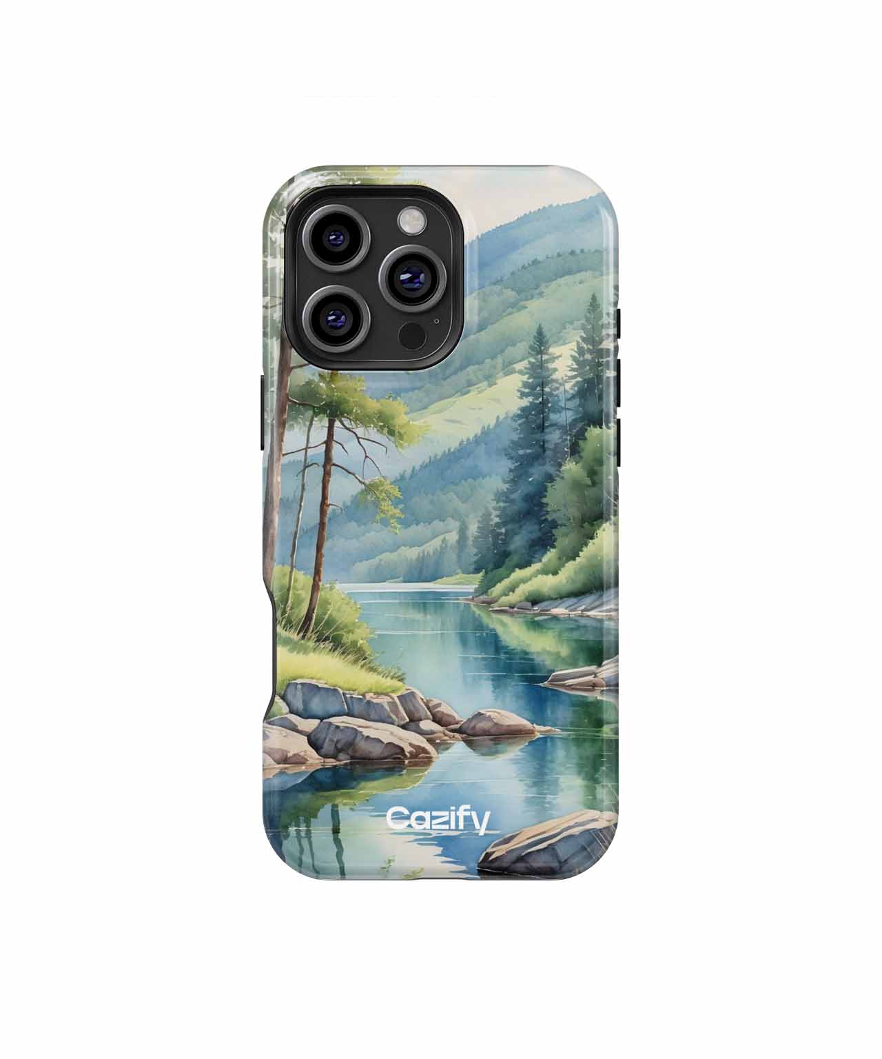 Cazify Canada - IPhone case with serene mountain lake and forest landscape illustration.