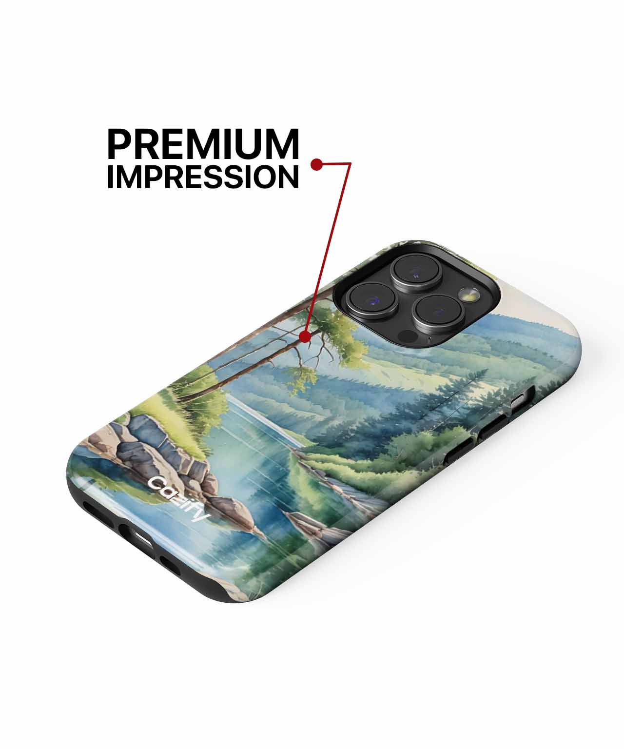 Cazify Canada - Phone case with scenic mountain and lake landscape art, glossy finish, black edges.