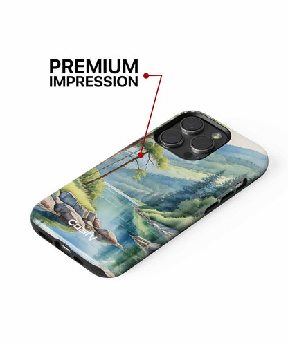 Cazify Canada - Phone case with scenic mountain and lake landscape art, glossy finish, black edges.