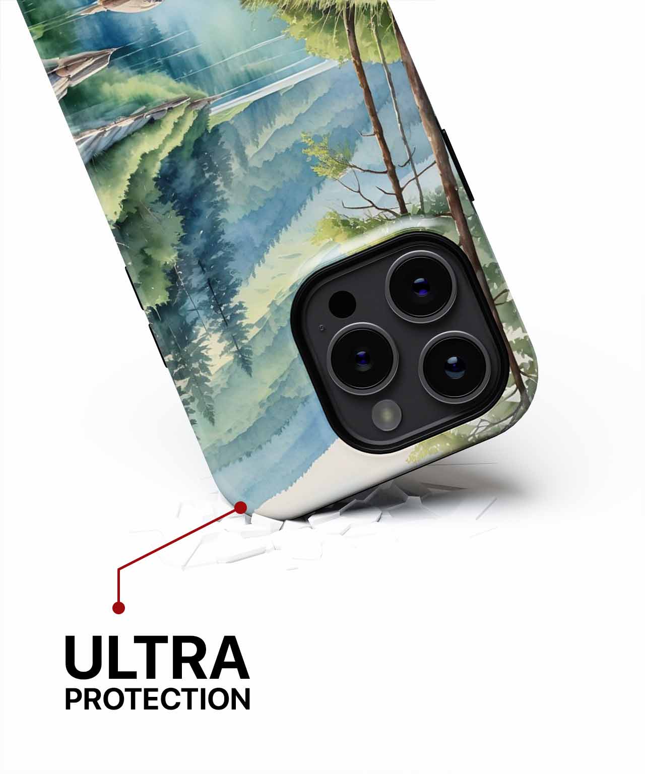 Cazify Canada - Watercolor forest landscape phone case with reinforced black camera cutout and corner protection.