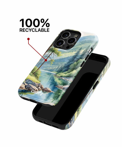 Cazify Canada - Recyclable phone case with scenic river and forest landscape design on iPhone model.