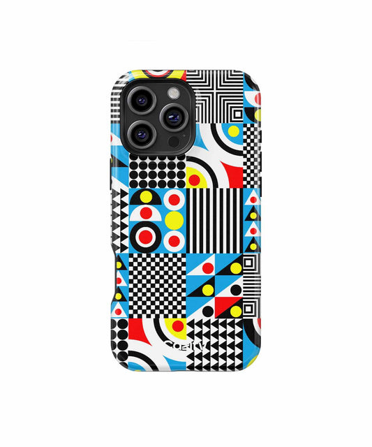Colorful geometric pattern phone case with black, white, red, blue, and yellow shapes. - Cazify Canada