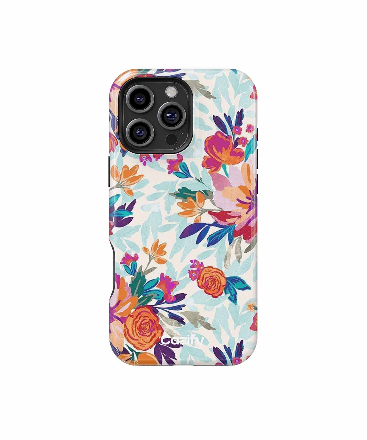 Floral patterned iPhone case with orange, pink, and purple flowers on a light blue background. - Cazify Canada