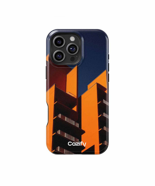 Navy blue and orange geometric building design phone case with black camera cutout and Cozify logo. - Cazify Canada