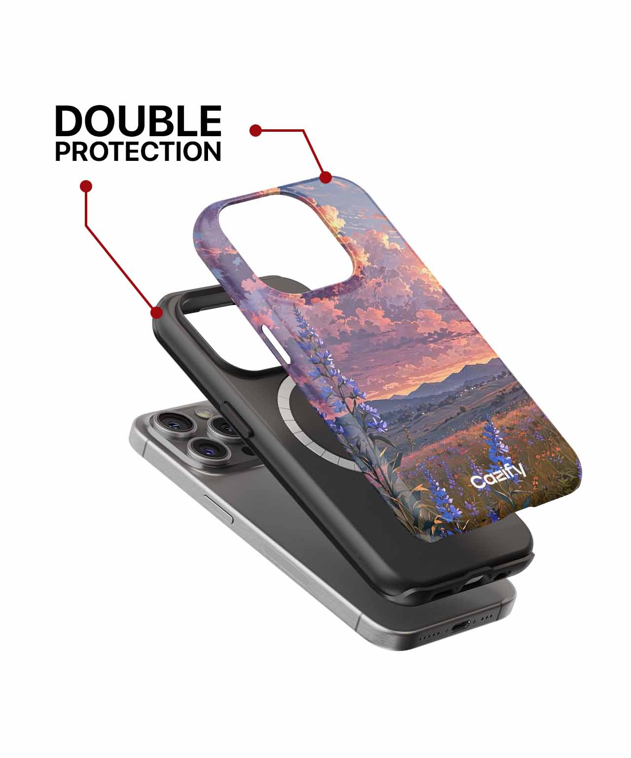 Cazify Canada - Phone case with scenic mountain and lake design showing double-layer protection over black inner case.