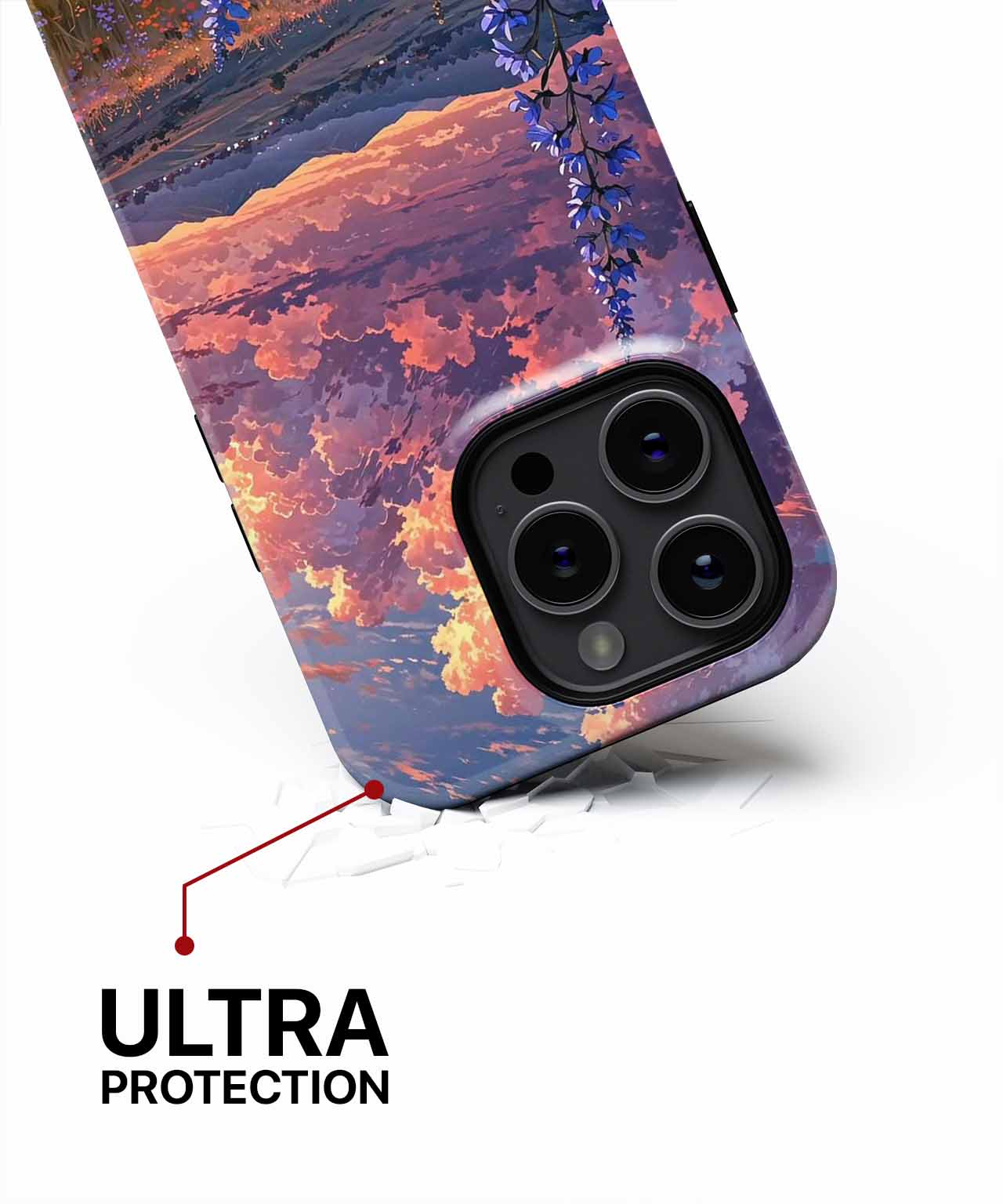 Cazify Canada - Phone case with purple and orange sunset sky design and triple camera cutout.