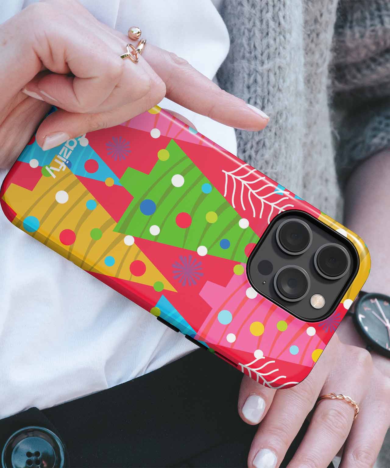 Whimsical Christmas Trees Dance on Red iPhone case Case Cazify - Delivery Canada