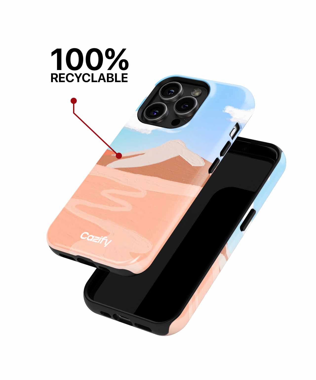 Cazify Canada - Blue and peach recyclable phone case with abstract mountain design and black phone screen visible.